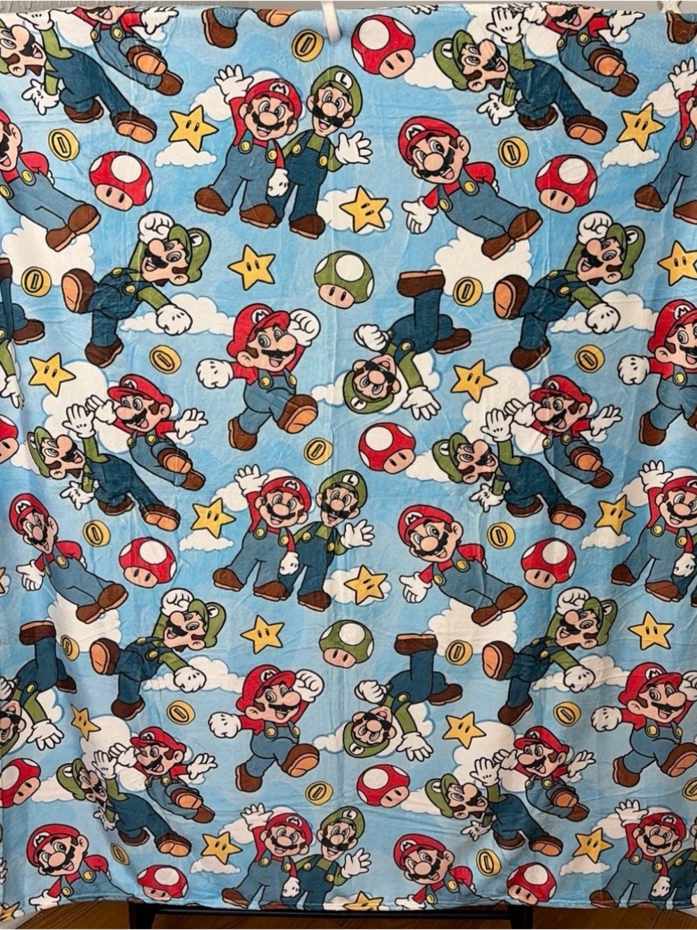 Mario and Luigi Throw Blanket - Light Blue with & Green Accents